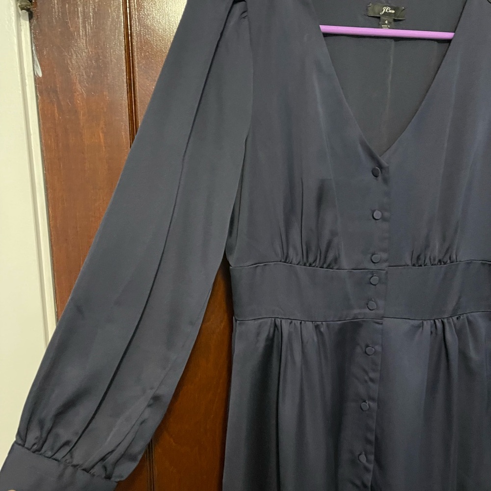 J. Crew Navy Satin Button-Down Front Midi Dress - Picture 2 of 4